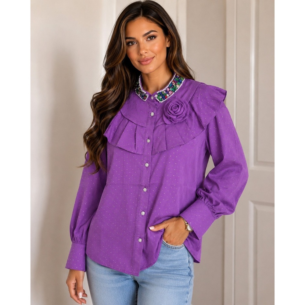 JJ's Fairyland NWT Purple Rhinestone Embellished Ruffle Blouse Size M
